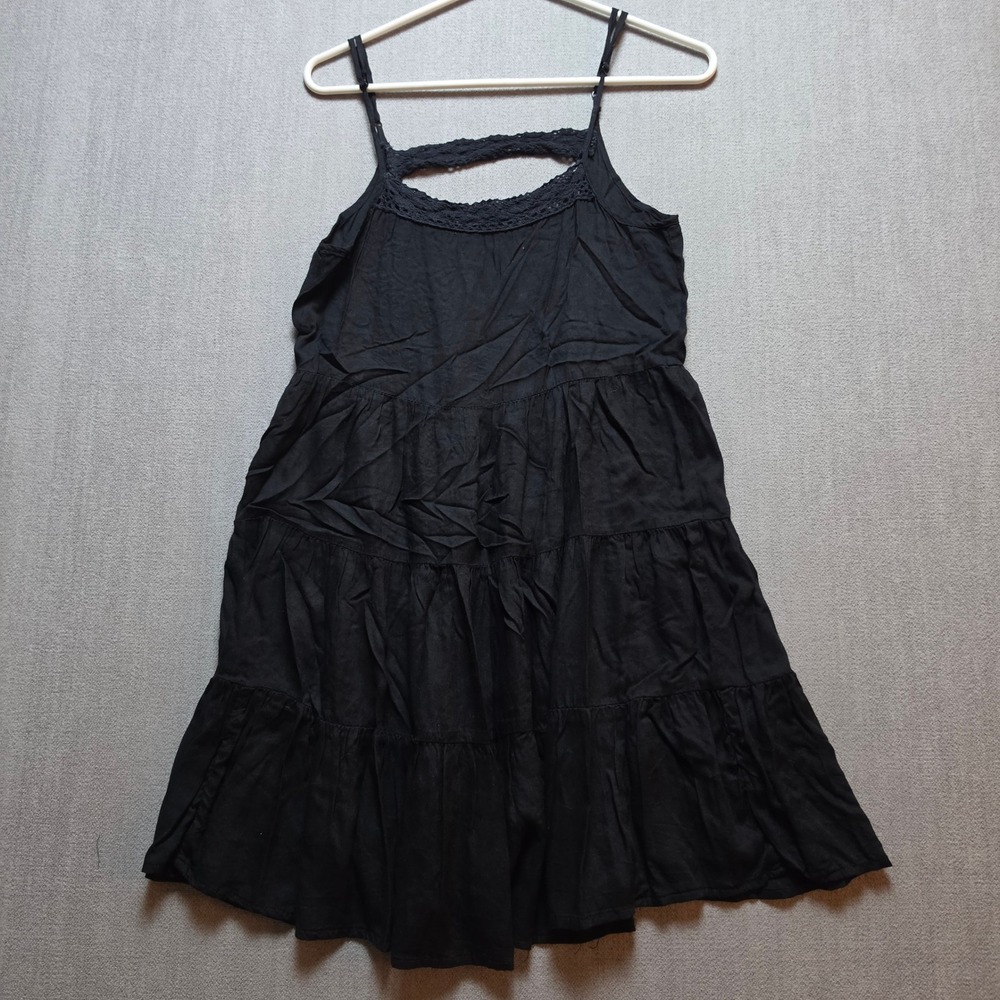 Raviya Tiered Dress Women Medium Black Lace Trim Rayon Spaghetti Strap